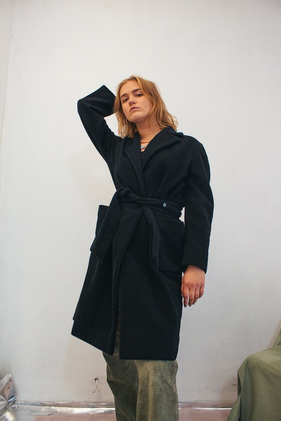 Vintage black midi wool coat \ classic wrap belted