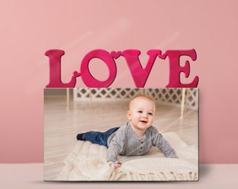 Personalized LOVE Red Flowers Baby Photo Frame - Wooden Horizontal Baby Picture Frames | Customizable Gift for Mothers & Babies Birthday