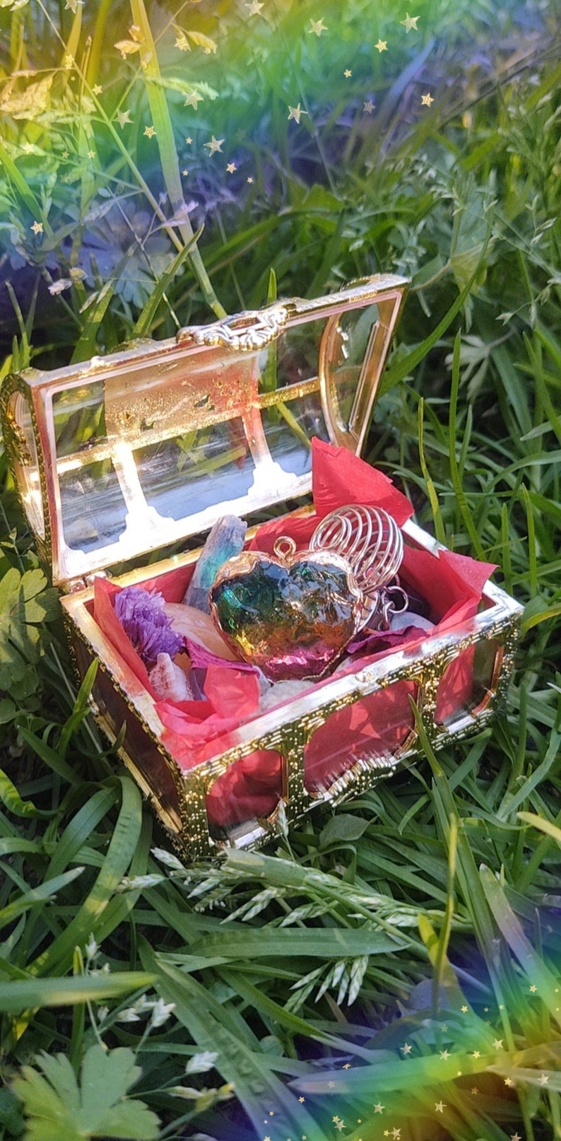 May include: A gold treasure chest with a red lining is open and filled with crystals and a heart-shaped pendant. The chest is sitting on a bed of green grass.
