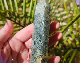 May include: A green and white agate crystal point with a unique, swirling pattern. The crystal is polished and has a smooth, glassy finish.
