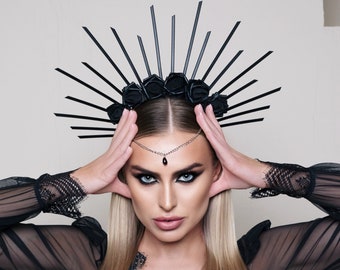 Gothic headpiece, Black Halo crown, Vampire crown, Forest witch tiara, Black flower halo, Santa Muerte crown, Dark queen crown, Witch crown