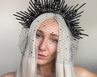 Black Halo Crown, Gothic Wedding Headpiece with Veil, Drag queen