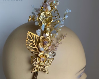 Gold flower crown Wedding gold headpiece Floral crown Halo Crown Gold leaf tiara Butterfly crown Flower girl headpiece Bridal headpiece