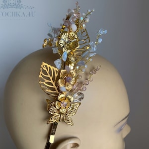 Gold Flower Wedding Crown: Crystal Butterfly Bridal Headpiece