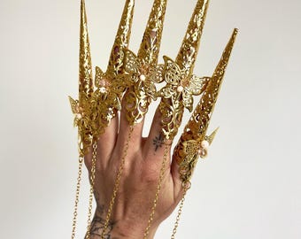 Gold finger claws, Armor rings, Fairy cosplay bracelet, Butterfly Nails Jewellery, Filigree Jewellery, Finger bracelet, Bridal bracelets