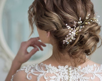 Bandeau de mariée en or, épingle à cheveux en or, vigne de cheveux de mariée feuille de fleur, cadeau de demoiselles d'honneur, casque de mariage, épingles à cheveux fleur, peigne à cheveux fleur