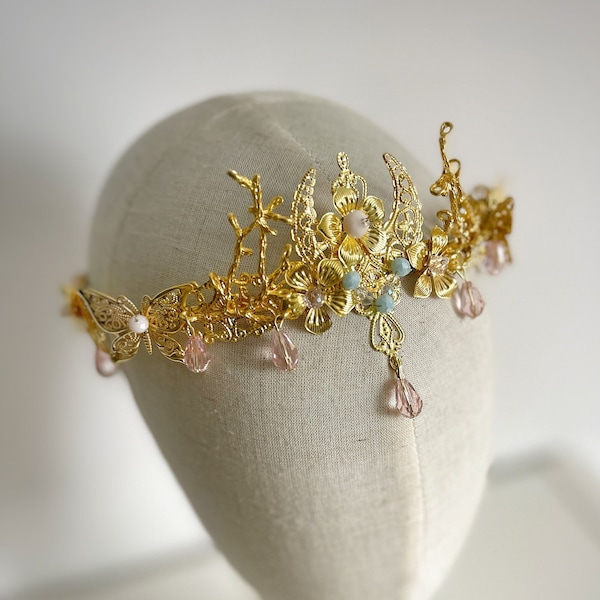 Fairy crown, Gold crown, Bridal headpiece, Celestial wedding crown, Elven tiara, Festival crown, Flower Crown, Wedding headpiece, Elf tiara