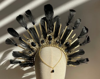 Halo Crown black feather, Goddess crown, Sunburst Gold Halo Crown, Burlesque headpiece, Wedding crown, Festival headpiece, Angel headband