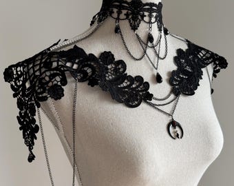 Black lace choker moon, Shoulder Chains Necklace, Gothic wedding, Evil Queen costume, Vampire Witch cosplay, Victorian Bridal Body Jewelry