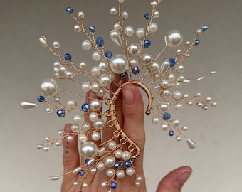 Pendientes de perlas para novias – Pendientes envolventes sin perforación con cuentas azules, Something Blue