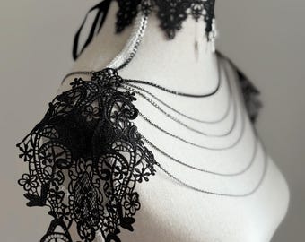 Shoulder Chains Necklace, Black lace choker, Gothic wedding collar, Evil Queen costume, Vampire Witch cosplay, Victorian Bridal Body Jewelry