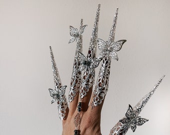 Silver finger claws Armor rings Fairy Gothic cosplay bracelet Sugar skull Nails Jewellery Halloween Filigree Jewellery Butterfly bracelet