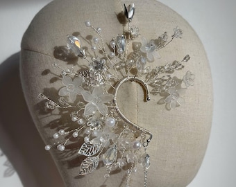 Silver Leaf Floral Ear Cuff: Elven Wedding Earring, Fairy Flower Climber