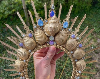 Couronne de sirène, couronne de halo d'or, couronne de halo de perles de coquillage, couronne de halo de mariage, diadème de casque de mariage de plage, casque de mariée, couronne de festival