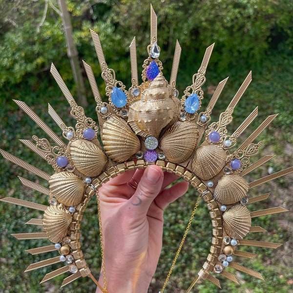 Couronne de sirène, couronne de halo d'or, couronne de halo de perles de coquillage, couronne de halo de mariage, diadème de casque de mariage de plage, casque de mariée, couronne de festival