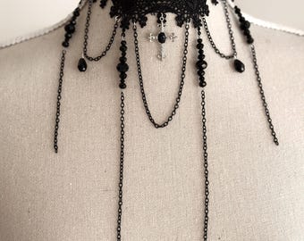 Gothic Lace Choker Necklace, Black Chains, Cross Pendant, Alternative Wedding Jewelry