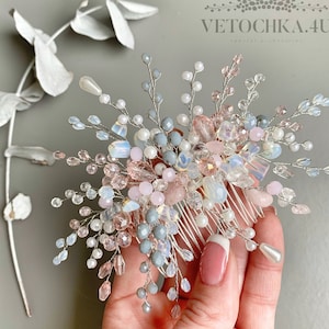 Moonstone bridal hair comb, Bridal headpiece, Rhinestone headpiece, Pink blue hair piece Quartz headpiece Wedding hair comb Bridal headpiece
