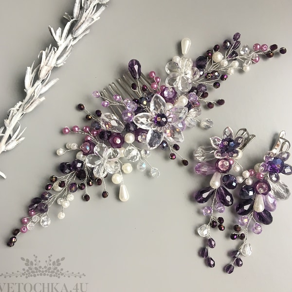 Flower hair comb Purple earrings, Lilac hair clips, Fairy earrings, Bridal headpiece, Wedding hair comb, Purple flower hair vine