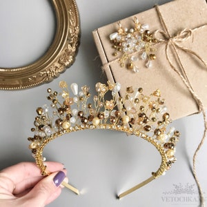 Gold Beaded Wedding Crown: Crystal Pearl Bridal Headpiece