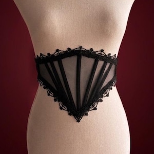 Mesh corset belt, Black lace waist underbust corset, Gothic cross bridal corset top, Renaissance wedding corset, Witchy accessories gift