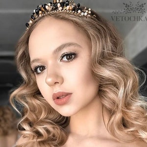 Gothic Wedding crown headpiece, Black Gold Witch hairpiece, Evil queen Dark fairy Gothic crown of branches, Quince crown, Quinceanera crown