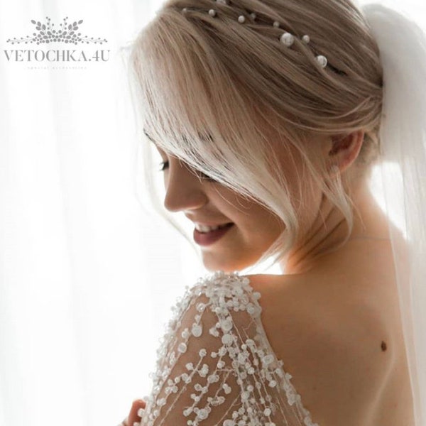 Enredadera de pelo de perla nupcial, pieza de pelo de perla blanca de boda Boho, diadema de perla minimalista, corona nupcial simple, accesorio para el cabello, diadema de perla