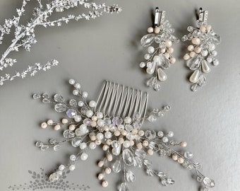 Bridal hair comb, Bridal headpiece, Rhinestone headpiece, Ivory hair piece Wedding hair piece pearl Bridemaids gift Beige hair comb earrings