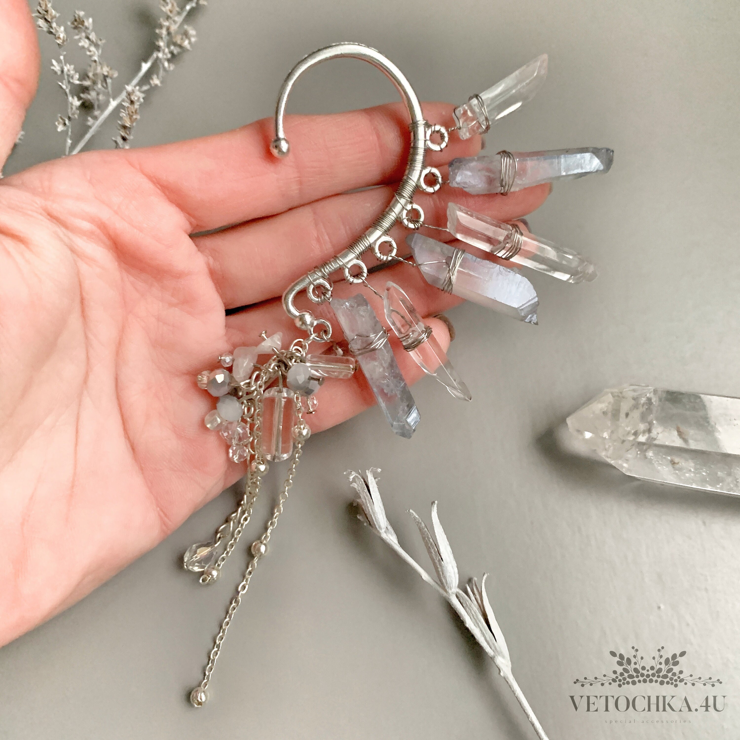 Raw quartz crystal ear cuff with chain Sky blue earrings Etsy