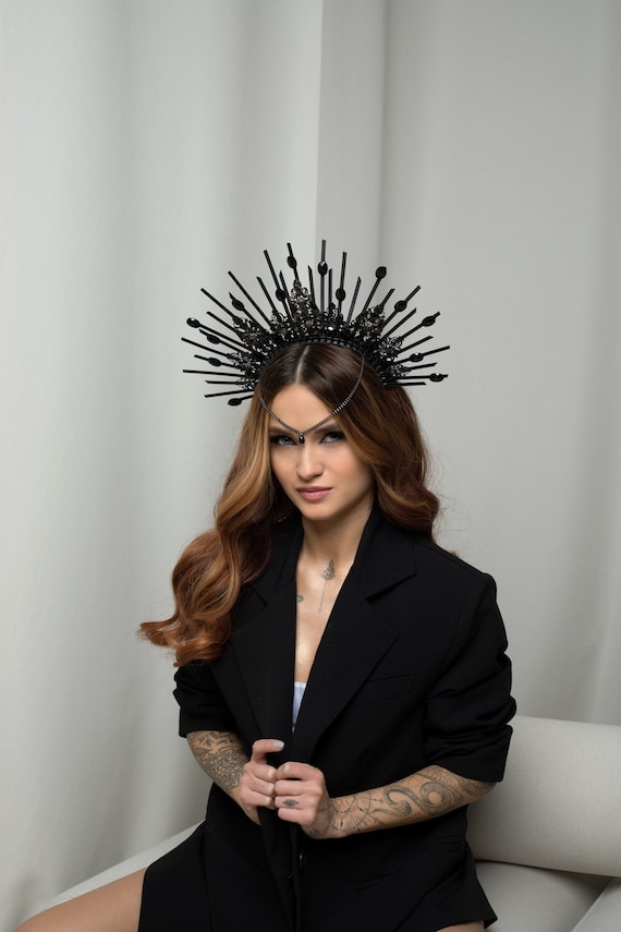 Gothic Black Crystal Halo Crown Headpiece for Women Halloween Photoshoot Amazon.com: XGOPTS Gothic Halo Crown Flower Headband with  main image 2