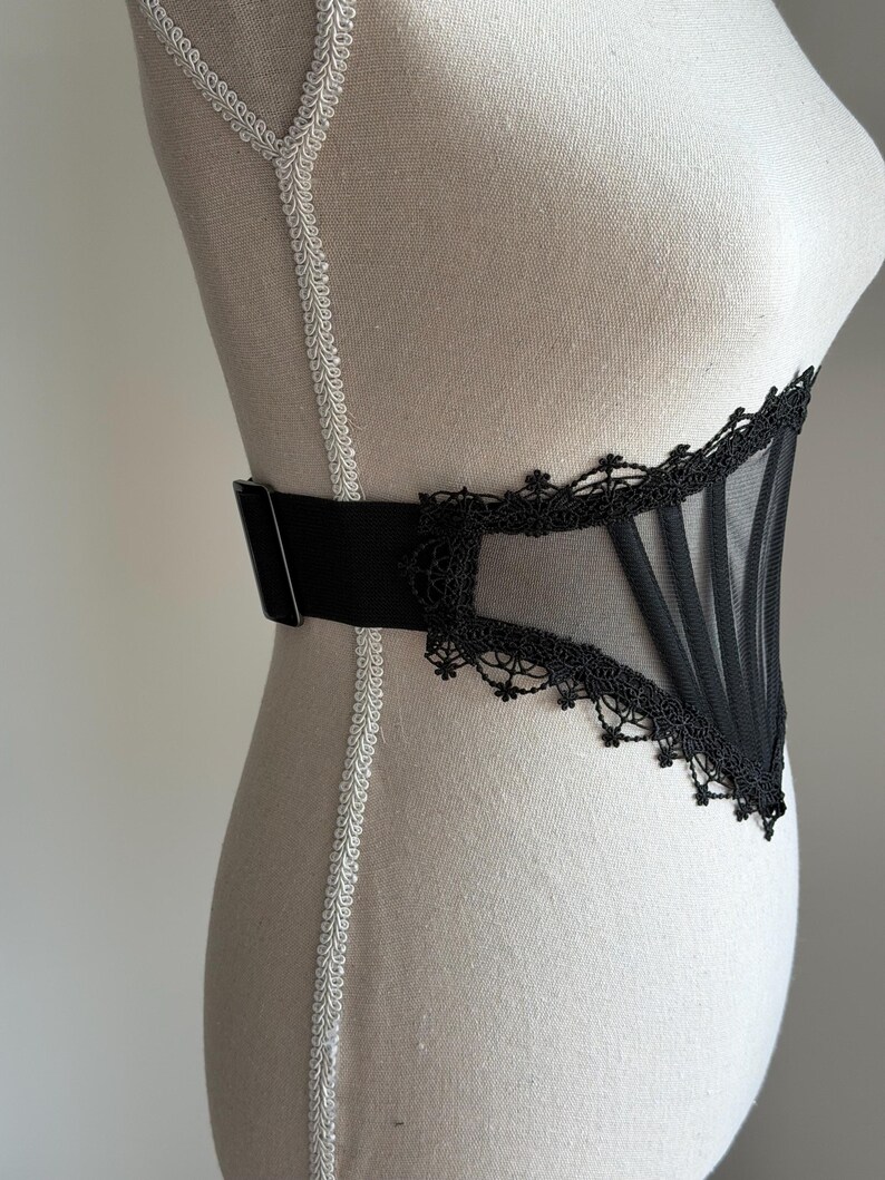Mesh corset belt, Black lace waist underbust corset, Gothic cross bridal corset top, Renaissance wedding corset, Witchy accessories gift