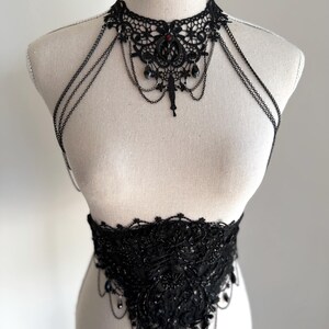 Black lace choker moon, Shoulder Chains Necklace, Gothic wedding, Evil Queen costume, Vampire Witch cosplay, Victorian Bridal Body Jewelry, black lace corset belt gothic romantic style, Alternative wedding belt
