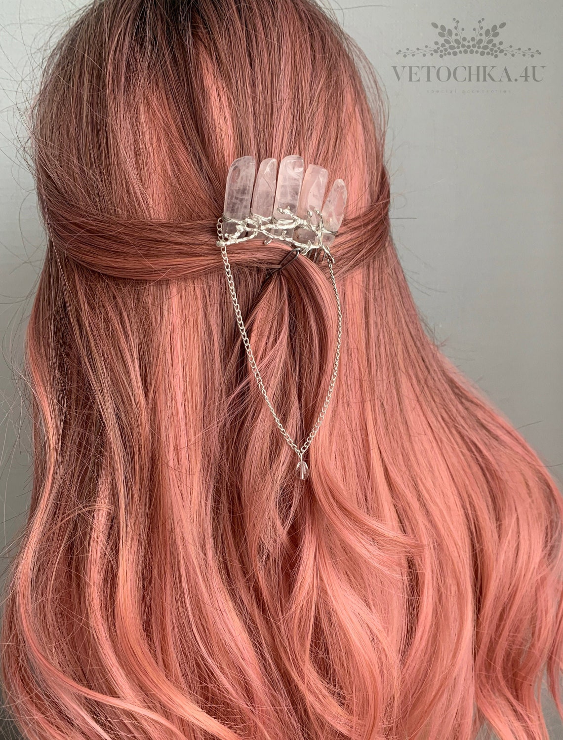 Rose Quartz Crystal Hair Comb with chains Raw stone crystal Etsy