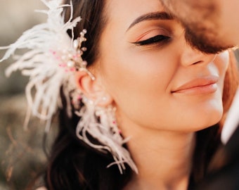 Wedding feather ear cuff earring, Festival hair feather, Natural ostrich feathers earrings light pink, Big Boho Ear wrap cuff no piercing