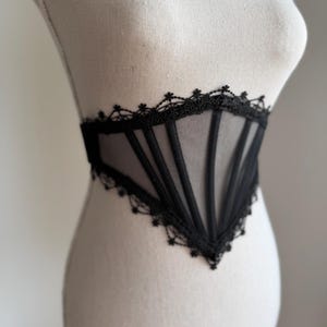 Mesh corset belt, Black lace waist underbust corset, Gothic cross bridal corset top, Renaissance wedding corset, Witchy accessories gift