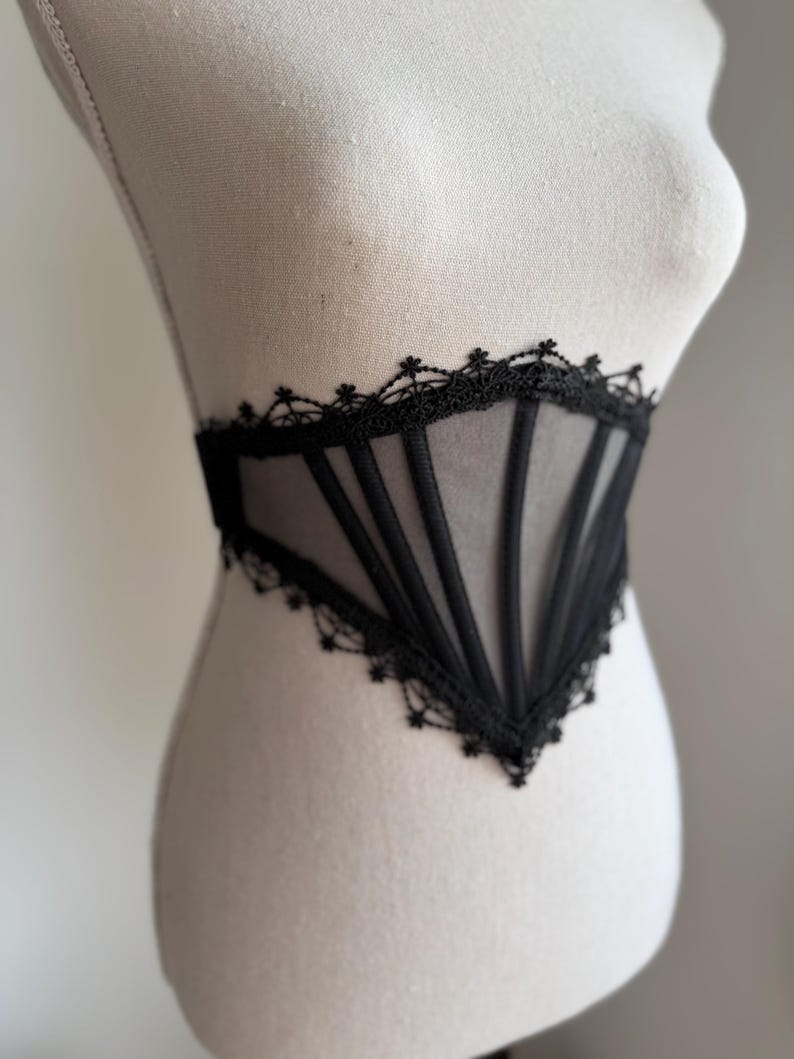 Mesh corset belt, Black lace waist underbust corset, Gothic cross bridal corset top, Renaissance wedding corset, Witchy accessories gift