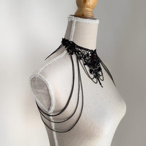 Black lace choker moon, Shoulder Chains Necklace, Gothic wedding, Evil Queen costume, Vampire Witch cosplay, Victorian Bridal Body Jewelry, black lace corset belt gothic romantic style, Alternative wedding belt