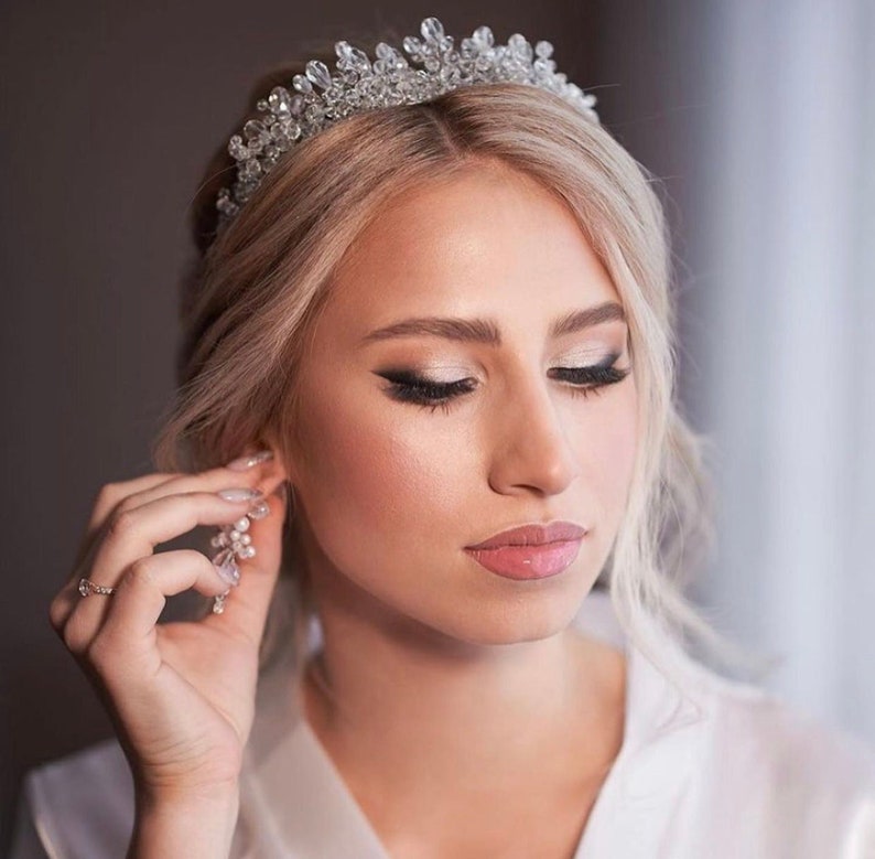 Quinceanera crown, Bridal crystal halo crown, Quince crown, Royal tiara, Silver tiara, Crystal headband, Wedding Hairpiece, Bride tiara image 1
