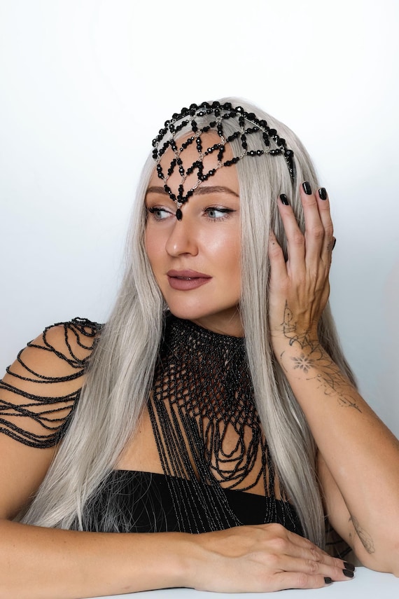 Black Crystal Beaded Headpiece, Handmade Gothic Hair Net  display picture 3