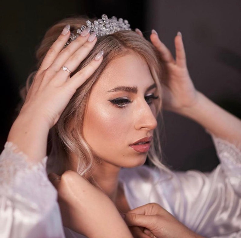 Quinceanera crown, Bridal crystal halo crown, Quince crown, Royal tiara, Silver tiara, Crystal headband, Wedding Hairpiece, Bride tiara image 5
