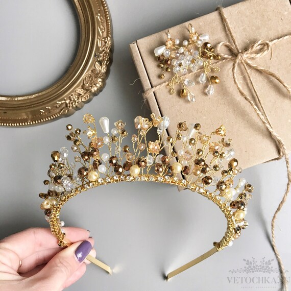 Gold Beaded Wedding Crown: Crystal Pearl Bridal Headpiece - Etsy display picture 3