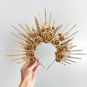 Sunburst Golden Flower Crown women, Halo crown gold roses, Goddess zip tie, Woodland crown, Bridal flower crown, Sun headband, Fall crown