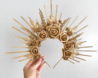 Sunburst Golden Flower Crown women, Halo crown gold roses, Goddess zip tie, Woodland crown, Bridal flower crown, Sun headband, Fall crown