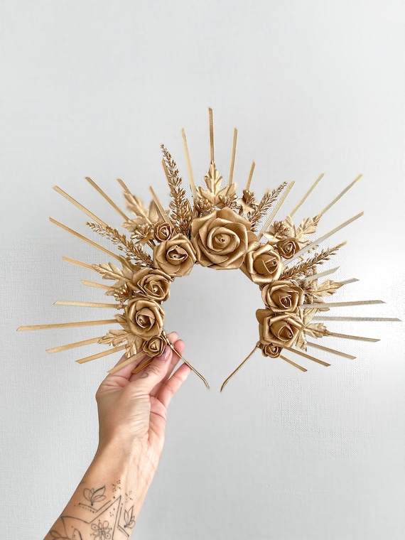 Sunburst Golden Flower Crown Women, Halo Crown Gold Roses  display picture 2