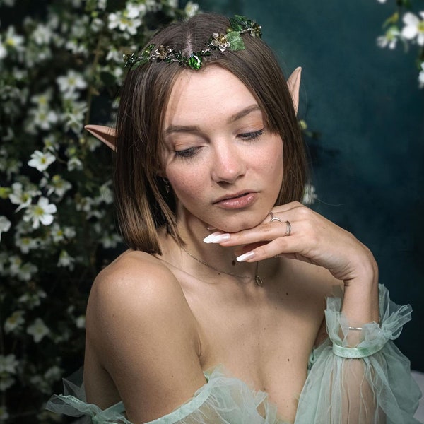 Woodland crown, Elven crown, Fairy headpiece, Elven circlet, Emerald crown, Wedding headpiece, Elven bridal crown, Floral crown cosplay elf