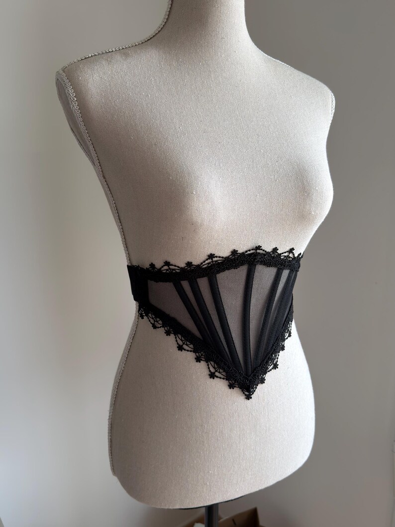 Mesh corset belt, Black lace waist underbust corset, Gothic cross bridal corset top, Renaissance wedding corset, Witchy accessories gift