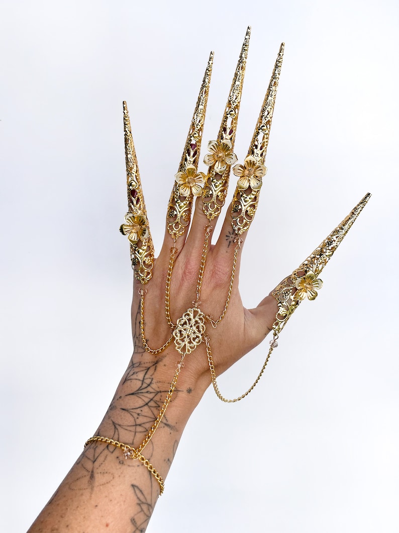 Gold finger claws Armor rings Fairy Gothic cosplay bracelet Sugar skull Nails Jewellery Halloween Filigree Jewellery Virgo Zodiac Gold