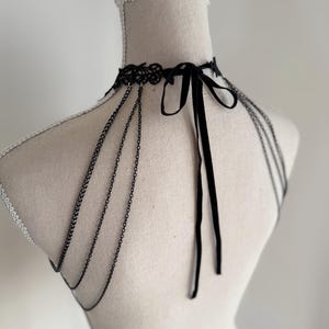 Black lace choker moon, Shoulder Chains Necklace, Gothic wedding, Evil Queen costume, Vampire Witch cosplay, Victorian Bridal Body Jewelry, black lace corset belt gothic romantic style, Alternative wedding belt