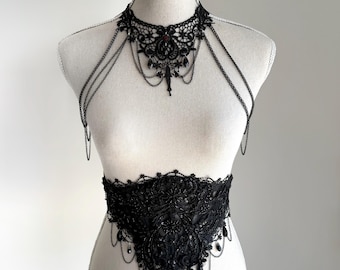 Black lace choker moon, Shoulder Chains Necklace, Gothic wedding, Evil Queen costume, Vampire Witch cosplay, Victorian Bridal Body Jewelry