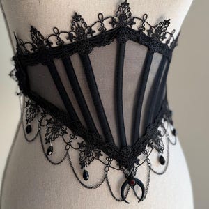 Gothic Waist Cincher, Black lace corset belt, Underbust corsets, Vampire costume, Dark Which belt, Victorian corset top, Transparent corset