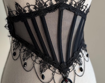 Gothic Waist Cincher, Black lace corset belt, Underbust corsets, Vampire costume, Dark Which belt, Victorian corset top, Transparent corset